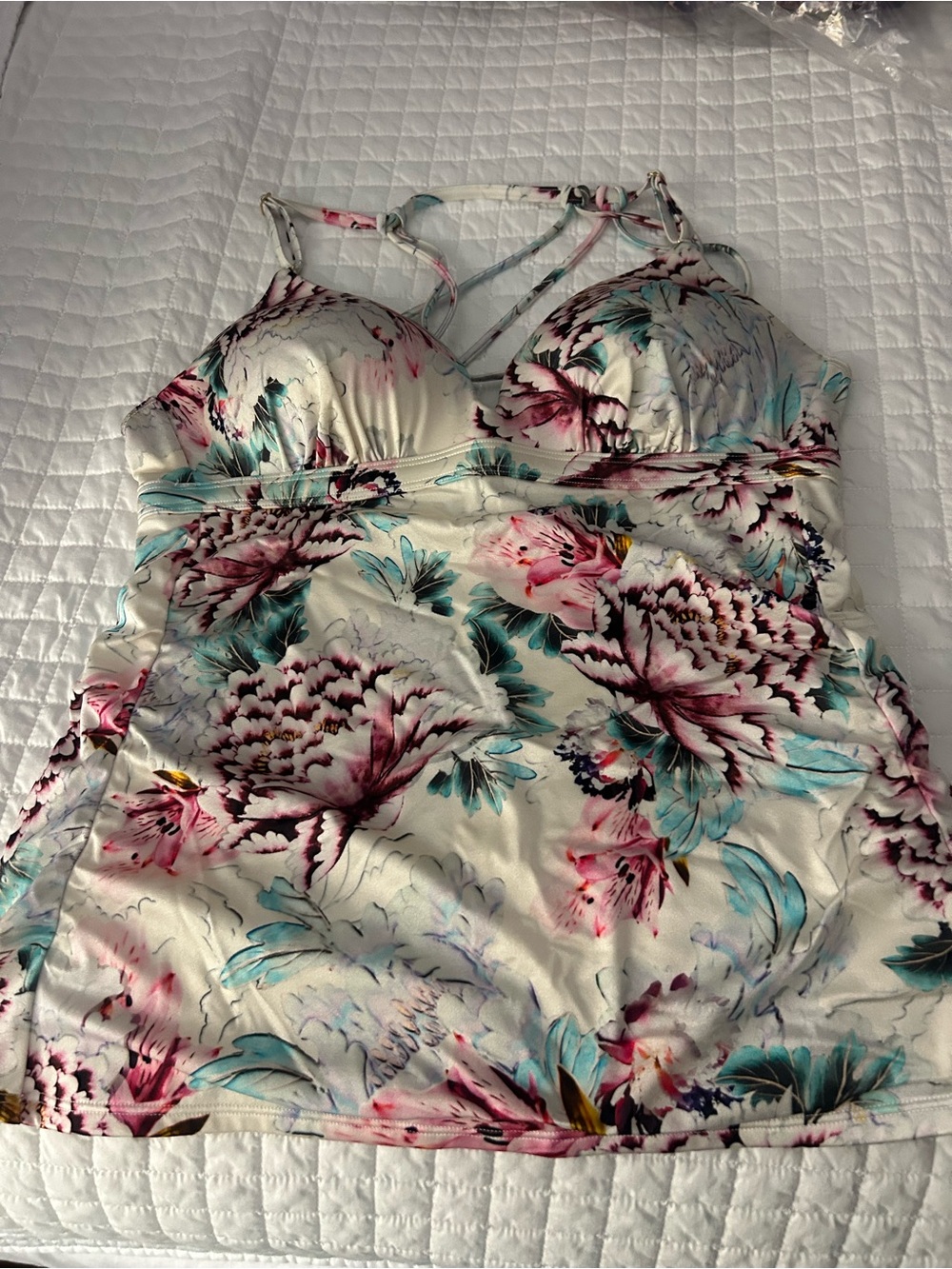 Athleta Floral Cream Tankini Top with Pink and Teal Flowers